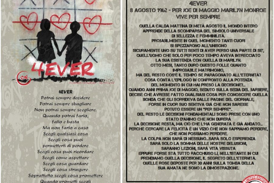 ” Limited Edition Crazy Walls ” 8 Agosto 1962 – Per Joe Di Maggio Marilyn Monroe Vive per Sempre – 4EVER